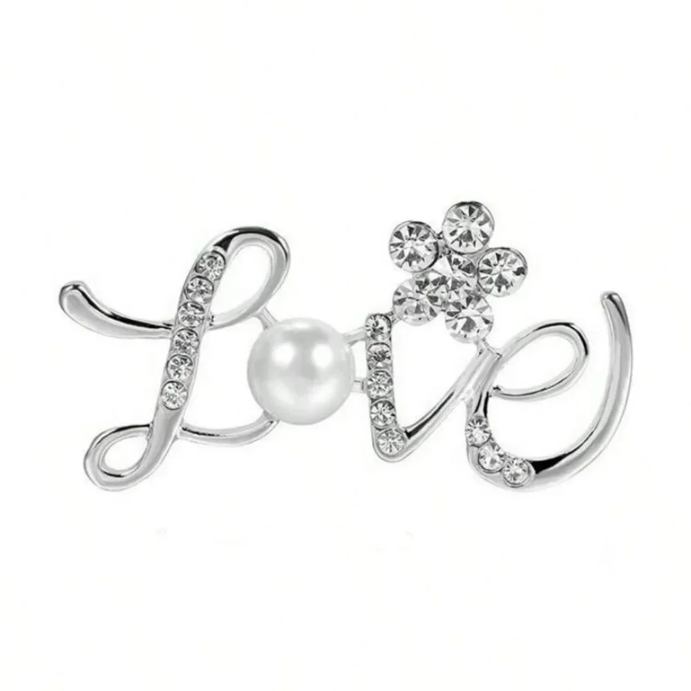 3for$20 1pc Love Letter Crystal & Faux Pearl Flower Brooch Pin